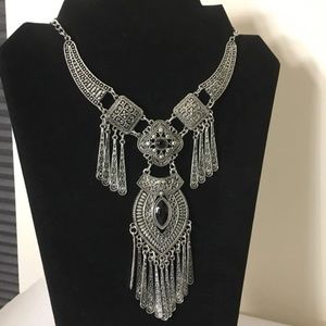 Silver tone bohemian statement necklace